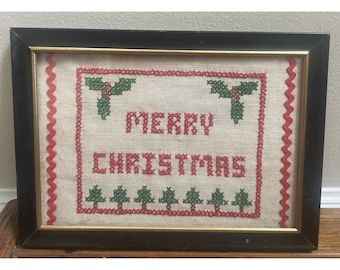 Vintage Merry Christmas Framed and Completed Stamped Cross Stitch Holiday Decor