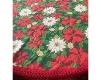 Vintage 70's Christmas Fabric Round  Poinsettia Tablecloth w/Fringe