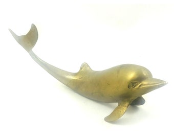 Vtg Aged Brass Dolphin 12" Collectible Figurine Statue Beach Ocean Animal Theme