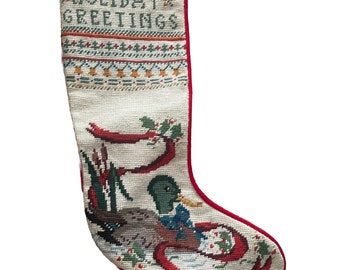 Vtg Hand Stitch Needlepoint Wool Velvet Christmas Stocking Duck Holiday Greeting