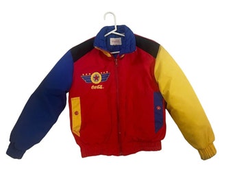 Vintage 80s Coca Cola Puffer Jacket Blue Red Yellow Youth  Size 10