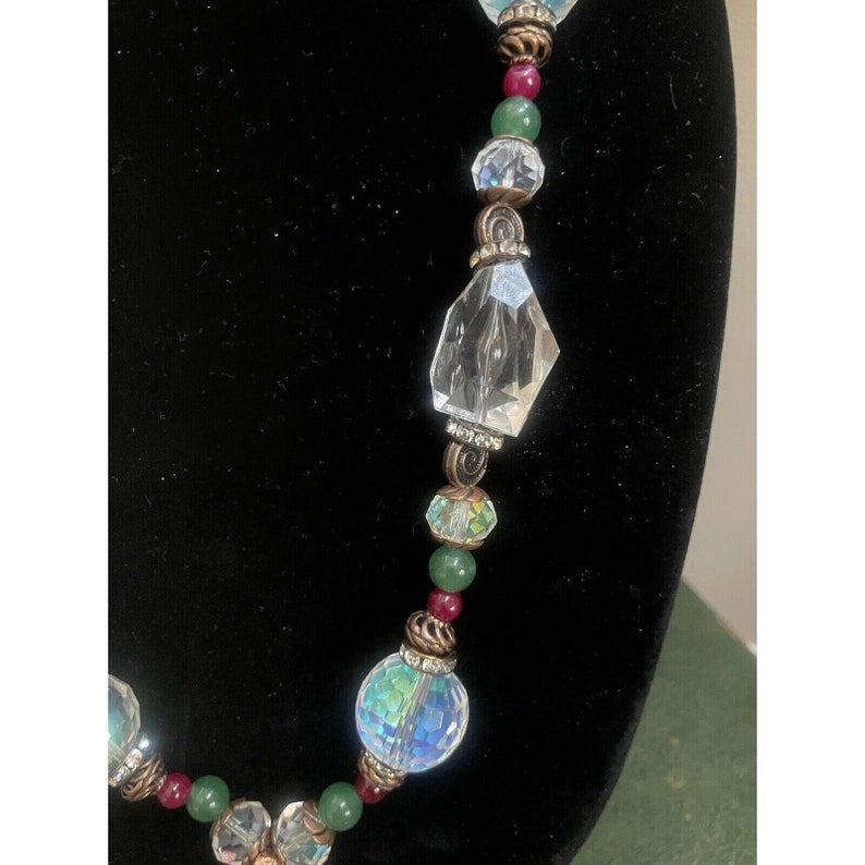 Aurora Borealis Rhinestone Cross Pendant Colorful Glass Bead Necklace Estate image 9