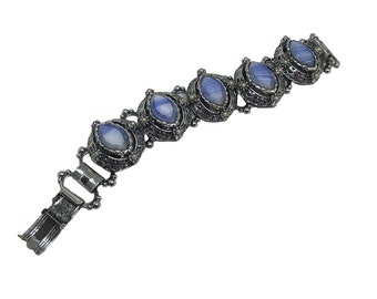 Vtg. 1950'S Chunky Link BraceletLg Blue Glass Stones 7” Estate Jewelry