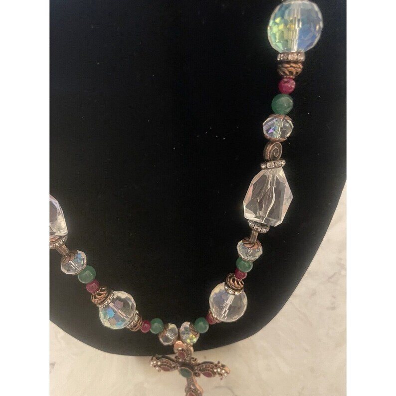 Aurora Borealis Rhinestone Cross Pendant Colorful Glass Bead Necklace Estate image 4