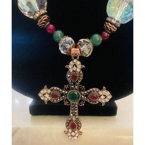 Aurora Borealis Rhinestone Cross Pendant Colorful Glass Bead Necklace Estate image 6