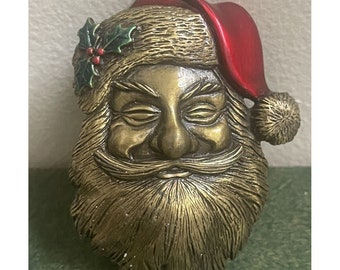 Santa Claus ~ Signed JJ ~ Embossed Deep Bronze Tone Holiday Brooch ~ 2.5 in.