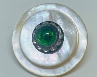 Mother of Pearl Pin with Green Stone and Rhinestones