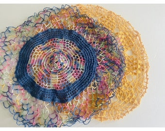 2 Vtg Colorful Crochet Doilies Handmade Cottagecore Grannycore yellow blue pink