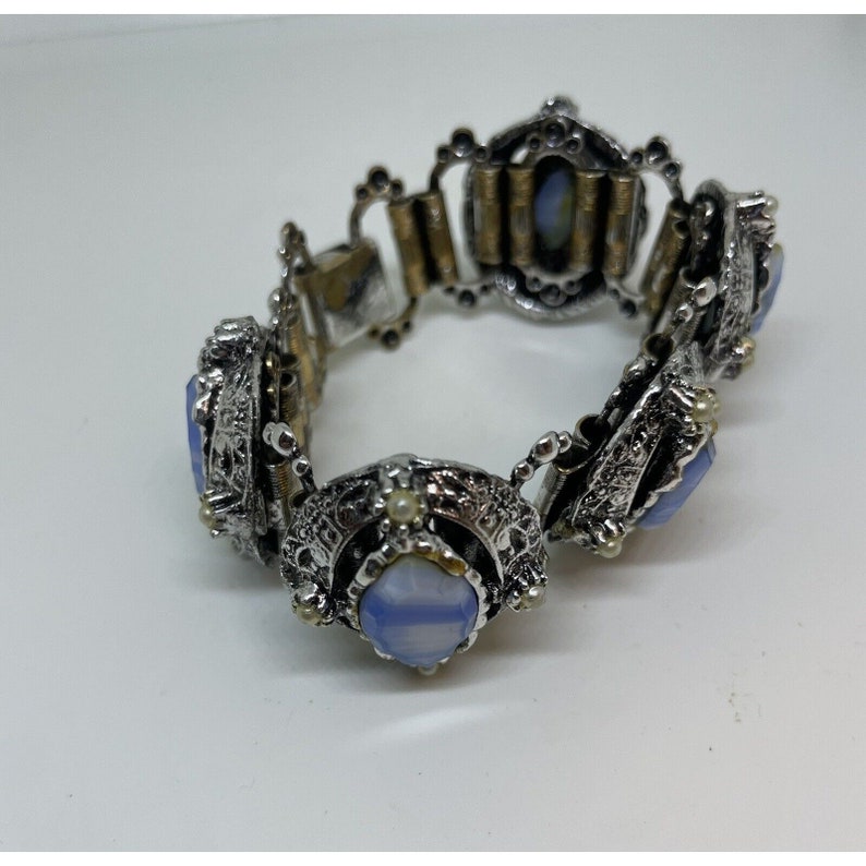 Vtg. 1950'S Chunky Link BraceletLg Blue Glass Stones 7 Estate Jewelry image 6