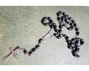 Vintage Black Bead Roasary  with Crucifix Cross from Italy 24"