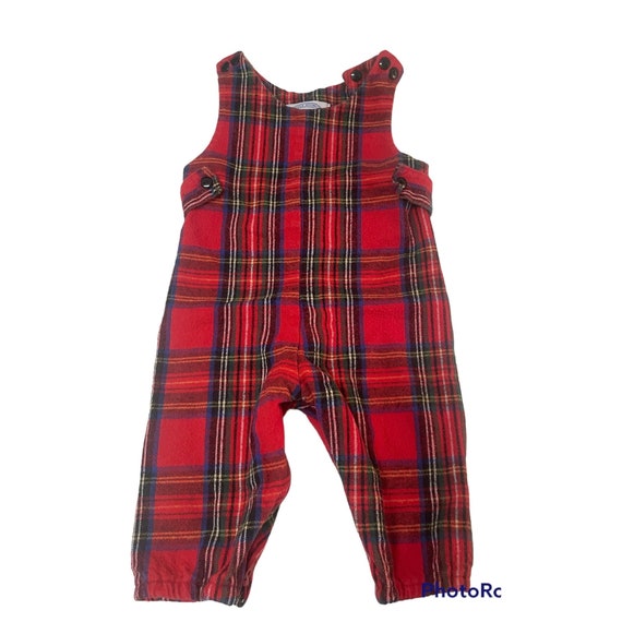 Vintage Red Plaid Flannel Overalls 6 Months - image 1