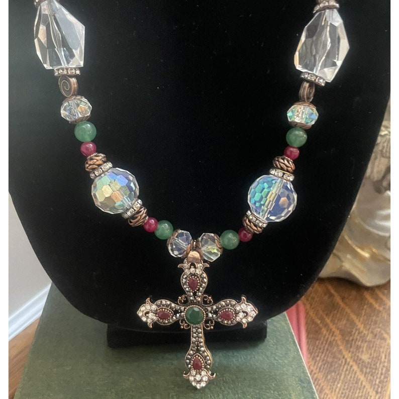 Aurora Borealis Rhinestone Cross Pendant Colorful Glass Bead Necklace Estate image 8