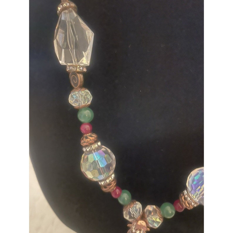 Aurora Borealis Rhinestone Cross Pendant Colorful Glass Bead Necklace Estate image 3