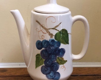 Vintage Hand Painted Handmade Ceramic Teapot with Grapes, Estate Find