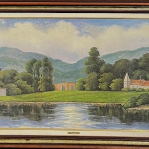 Landscape Oil Painting Large Original Framed Artwork River with Mountains & Countryside  Vintage Signed Art H. Harrison