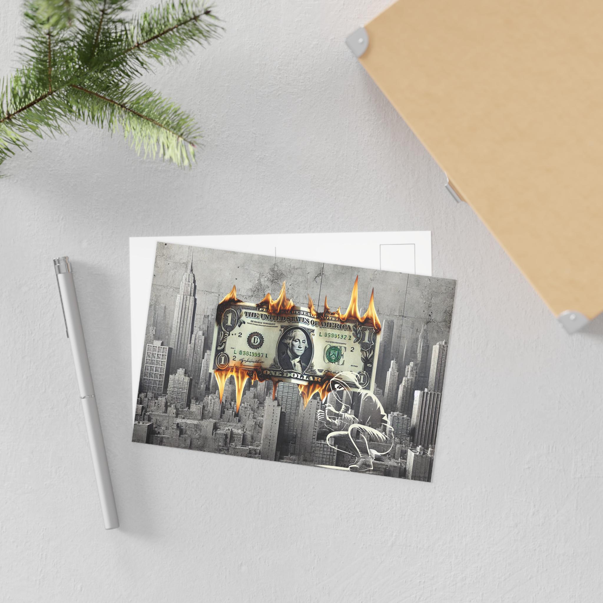 Anti-Kapitalismus Postkarte | Brennender Dollar-Protest-Mini-Druck | Street Art Versandtasche | Rebel Briefpapier | Gewagtes Urbanes Design
