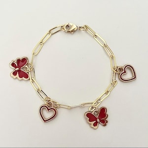 18k Gold Butterfly Heart Charm Bracelet - Handmade