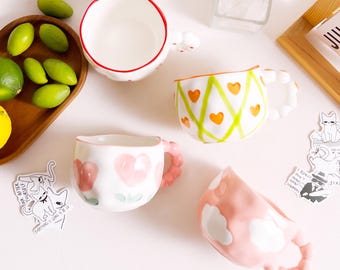 Handmade Ceramic Pink Rose Pottery Mug, Cute Unique Pink Hearts Mug