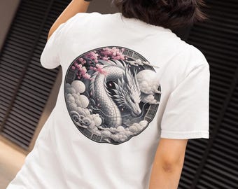 Mystical White Dragon T-Shirt - Japanese Style with Sakura Trees - Soft, Eco-Friendly Cotton Tee