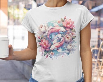 Koi Fish T-Shirt, Harmonious Design, Floral Design, Soft & Eco-Friendly Cotton Tee, Pastel