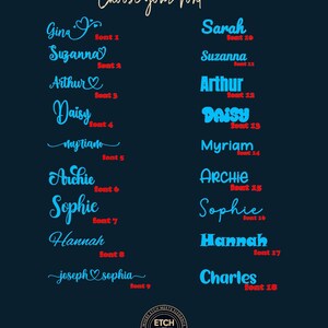 Personalised engraving font chart with 18 styles for custom names, text or logos. Choose script, cursive, heart detail, or bold fonts for engraved gifts and unique personalisation.