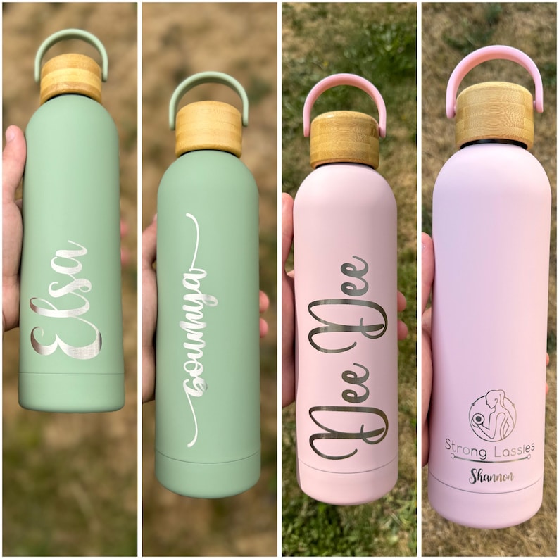 Four personalised reusable water bottles with bamboo lids—two sage green and two pastel pink. Each bottle is custom engraved with names or logos in elegant script, ideal for gifts, branding, or event favours.