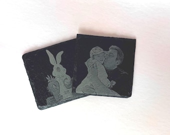 Posavasos personalizados de pizarra con fotos / Tus propias fotos grabadas en pizarra natural / Un recuerdo familiar personalizado