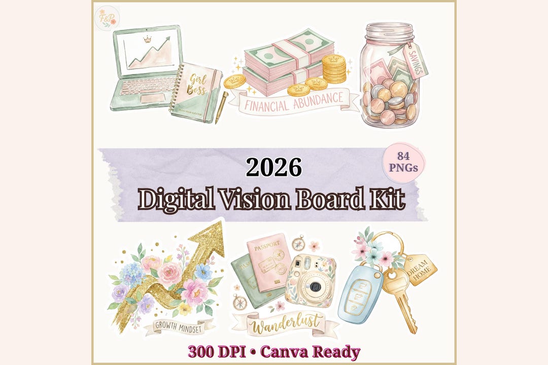 2026 Digital Vision Board Kit | 84 Watercolor Stickers PNG for Canva ...