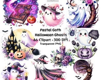 May include: A collection of pastel goth Halloween-themed clip art. The images include ghosts, pumpkins, a haunted house, a skull, and a spell book. The text "Pastel Goth Halloween Ghosts" and "Happy Halloween" are visible.