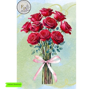 Red Rose Bouquet Watercolor Art |Instant Download Floral Wall Art | Printable Flower Artwork for Home Decor | Gift for Her, Bedroom Wall Art