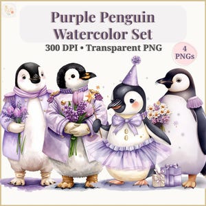Puede incluir: Ilustración en acuarela de cuatro pingüinos con diferentes atuendos. Los pingüinos visten abrigos morados, tutús y sombreros de fiesta, sosteniendo flores y regalos. El texto en la parte superior dice "Purple Penguin Watercolor Set".