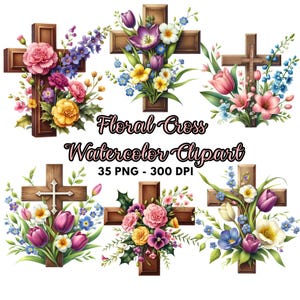 Blumen Kreuz Clipart, Christian 35 PNG, Aquarell Blumen, Ostern Digitaler Download, Religiöses Sublimationsdesign, Taufe Clipart