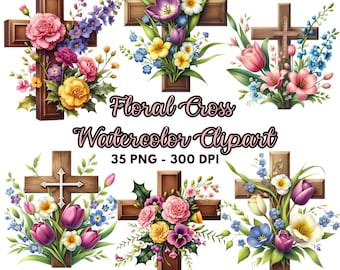 PNG-set met bloemenkruis | Christelijke aquarelkunst | Religieuze afbeeldingen en bloemboeketten voor Pasen