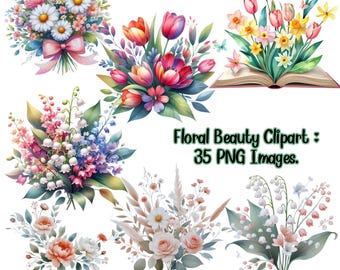 Conjunto de imágenes prediseñadas de flores de acuarela / Paquete de ramos florales PNG / Imágenes prediseñadas botánicas coloridas para manualidades