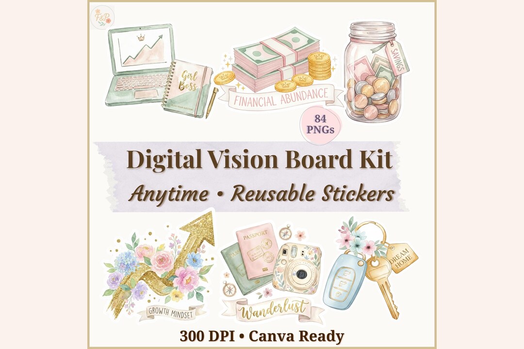 Digital Vision Board Kit Stickers PNG | Reusable Planning Elements ...