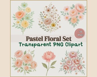 Ensemble de cliparts floraux pastel | Bouquets de pivoines à l'aquarelle et PNG botanique | Fleurs roses pêche tendres