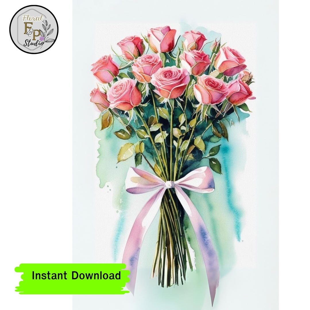Pink Rose Bouquet Watercolor Art |instant Download Floral Wall Art ...