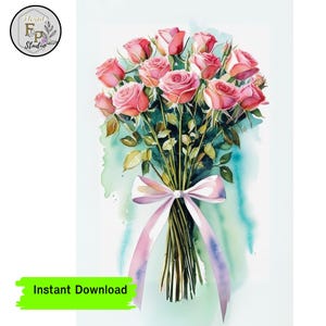 Bouquet di rose rosa, acquerello artistico / Download immediato di decorazioni floreali da parete / Opere d'arte floreali stampabili per l'arredamento della casa, regalo per lei, decorazioni da parete per la camera da letto
