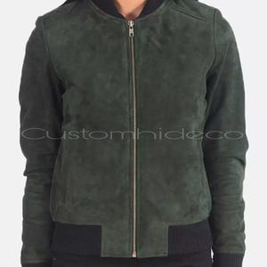Vintage Green Suede Leather Bomber Jacket: Goatskin Retro Style