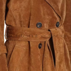 Vintage Suede Leather Trench Coat: Belted Brown Overcoat