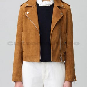 Tan Suede Leather Biker Jacket: Cropped Moto Style, Customizable