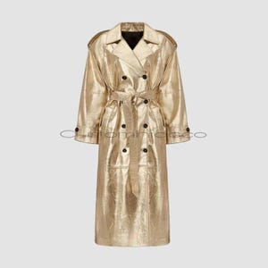 Trench-coat en cuir doré métallisé - Veste longue à double boutonnage avec ceinture pour femme, tendance luxueuse, vêtement d&#39;extérieur en cuir d&#39;agneau véritable