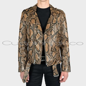 Men’s Brown Python Texture Genuine Leather Biker Jacket