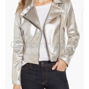 Silver Lambskin Leather Moto Jacket: Handmade Metallic Biker Coat