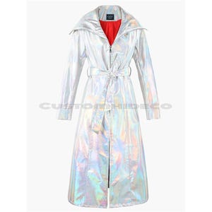 Holographic Rainbow Trench Coat: Reflective Cyberpunk Festival Jacket