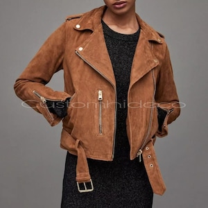 Veste en cuir suédée CustomHideCo pour femme - Veste de moto motard en daim d'agneau souple marron - Manteau classique d'inspiration vintage