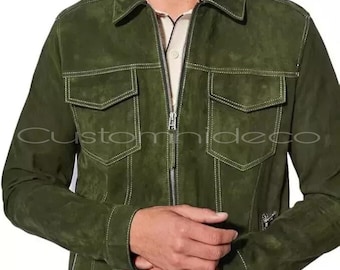 Mens Handmade Suede Leather Trucker Jacket - Olive Green Western Style