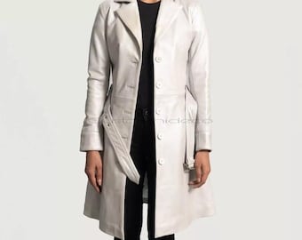 Women&#39;s White Leather Trench Coat - Genuine Leather - Custom Tailored - Luxury Overcoat - Belted Jacket - CustomHideCo