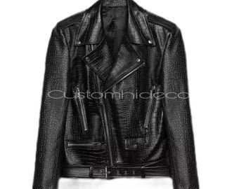 Men’s Crocodile Black Leather Biker Jacket – Custom Handmade Moto Coat – CustomHideCo – Designer Motorcycle Outerwear