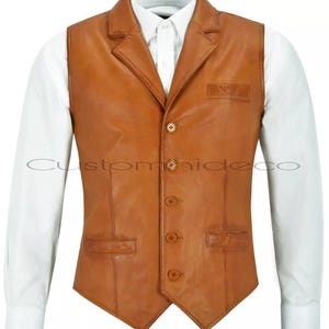 Men&#39;s Tan Lambskin Leather Waistcoat – Western Button-Up Sleeveless Vest | Vintage Inspired Vest | Customhideco